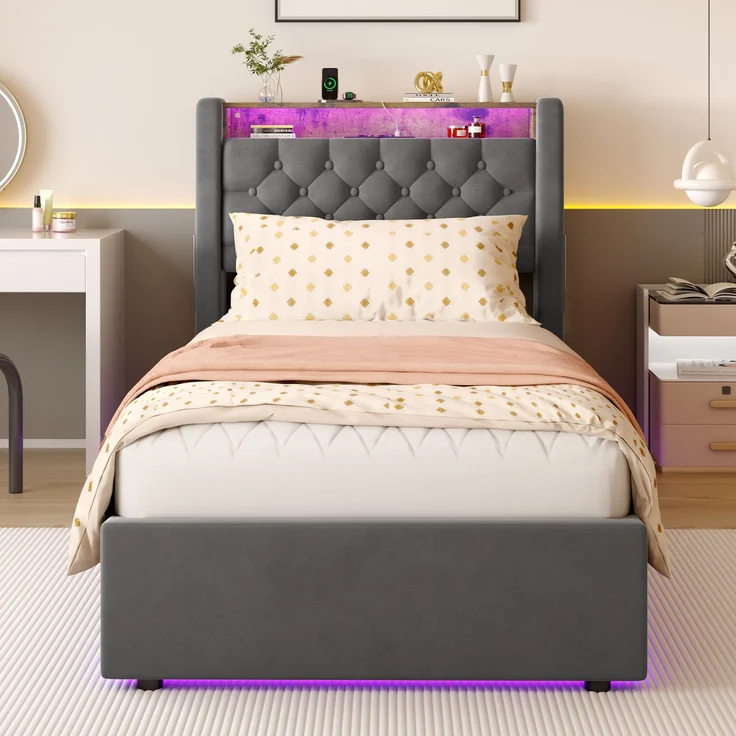 MODFU Polsterbett mit Bettkasten, Holland-Velours, LED, USB/Type-C und Ablage im Kopfteil, 90x200 cm – Bild 4