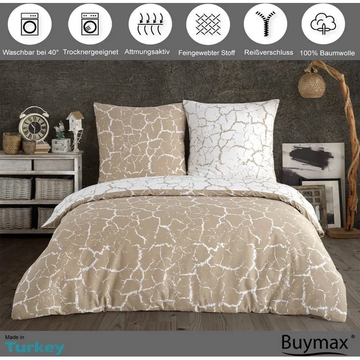 Buymax Bettwäsche, Renforce: 100% Baumwolle, 2 teilig, 155x220 cm, mit Reißverschluss, Muster Marmor, Beige, Weiß