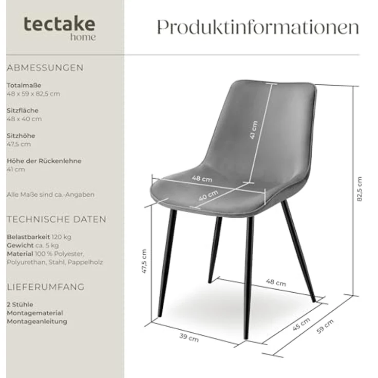 tectake Esszimmerstuhl Set Stuhl (2er Set, 2 St), gepolstert, in Samtoptik – Bild 4