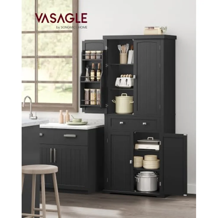 VASAGLE Küchenschrank, Schrank mit Schublade, Mehrzweckschrank freistehend, Ober- und Unterschrank, 4 verstellbare Ablagen, 6 Türfächer, Wohnzimmer Küche, 40 x 76 x 182,1 cm, tintenschwarz BBK561B01 – Bild 2