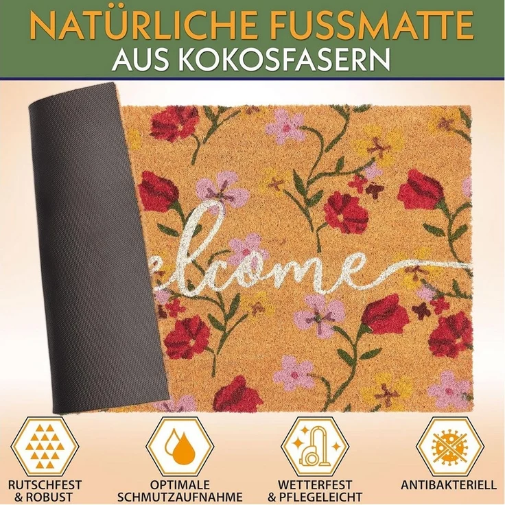 BRUBAKER Fußmatte Welcome mit Blumen Rosa und Rot - Schmutzfangmatte, Rechteckig, Höhe: 15 mm, Fußmatte für Außen und Innen - Wetterfest und Rutschfest - 45 x 75 cm – Bild 1