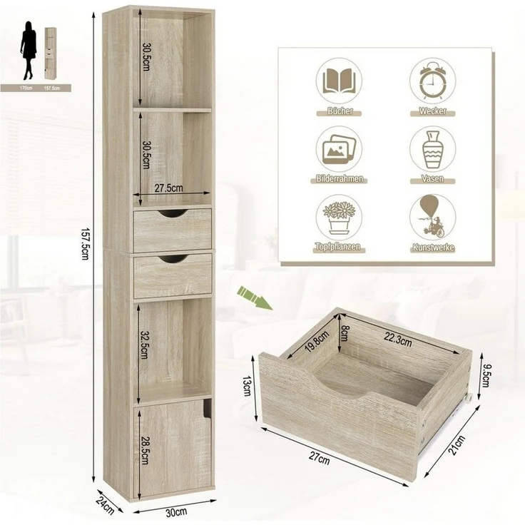 Woltu Bücherregal, 1-tlg, mit Schubladen, Regal mit Tür, 30x158x24 cm – Bild 2