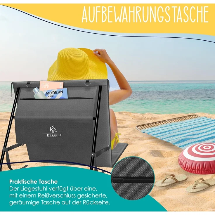 KESSER® Strandmatte klappbar mit verstellbarer Rückenlehne, Strandliege faltbar mit Tragegurt, wasserdichter Handyhülle & Aufbewahrungstasche, Sonnenliege für Strand Garten Terrasse, Liegematte 130Kg Anthrazit, 2er Set / 50W – Bild 6