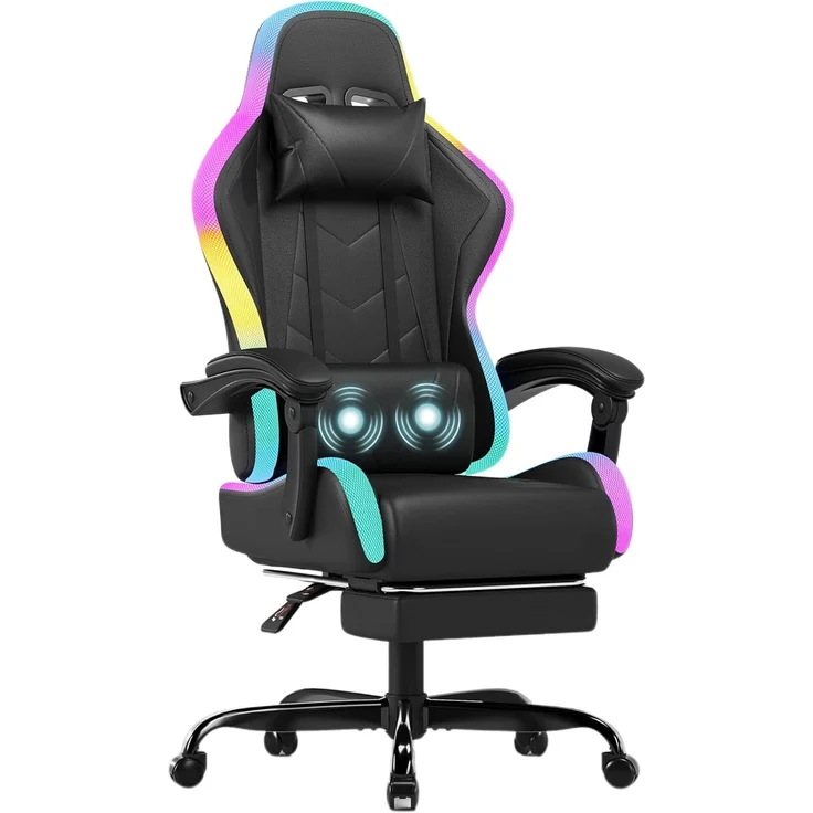 JUMMICO Gaming Stuhl mit led, Cool Racing Gamer Stuhl, Ergonomischer Bürostuhl mit Massagefunktion, Verstellbare Rückenlehne 90-135°, mit Teleskop Fußstütze, Gamingstuhl 150 kg belastbarkeit, Schwarz