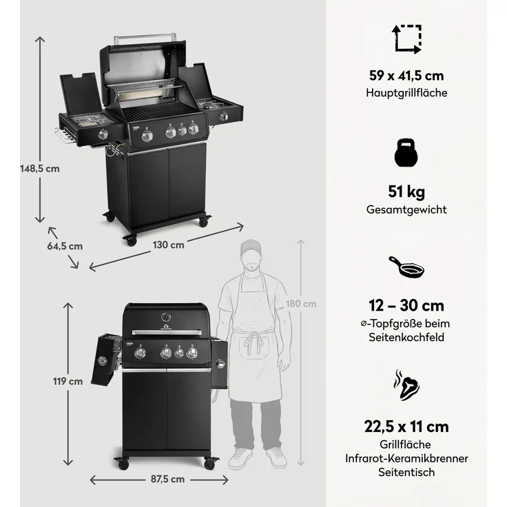 BURNHARD® Gasgrill 3-Brenner, 900°C Infrarot-Keramikbrenner, Longlife Premium-Gussbrenner, Seitenkochfeld, Edelstahl, Piezo-Zündung, Gussrost – FRED Deluxe+ - Schwarz - #947134 – Bild 3