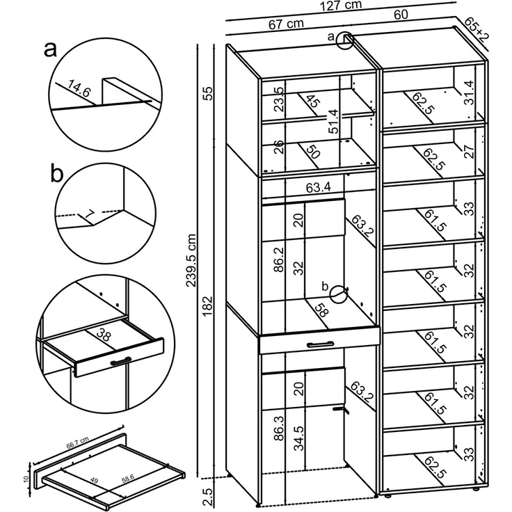 Roomart Waschmaschinenschrank & Trocknerschrank – SERIE DUO-I- 127 cm breit - Trockner auf Waschmaschine – Waschturm / Überbauschrank für Waschküche & Hauswirtschaftsraum • Eiche – Bild 8