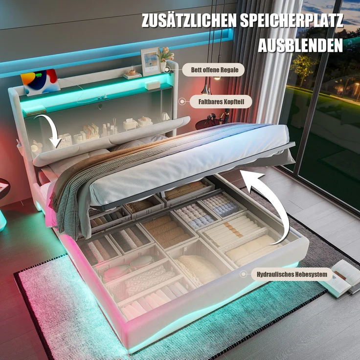 Polsterbett, Samt mit LED & Stauraum, 160x200 cm, Beige, ohne Matratze – Bild 7