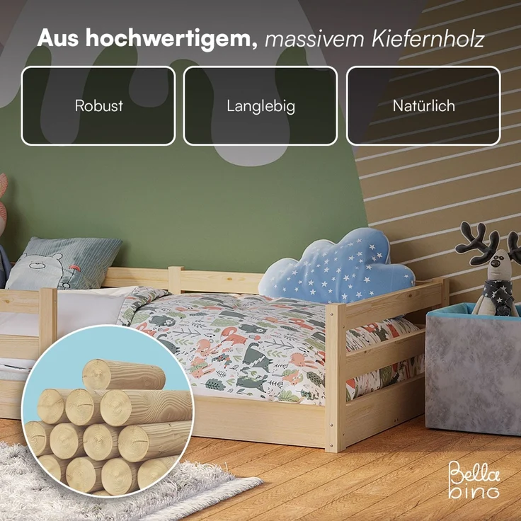 Bellabino 'Iskri' Bodenbett 90x200 cm, natur, Massivholz Kiefer, Montessori Kinderbett mit Rausfallschutz und Lattenrost – Bild 6