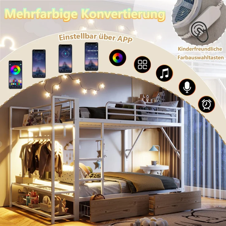 Etagenbett mit Schubladen, RGB LED-Streifen, Kleiderstange, Regal, Lattenrost und Leiter, 140x200 cm, Kinderbett mit Rausfallschutz, Metallbett – Bild 4