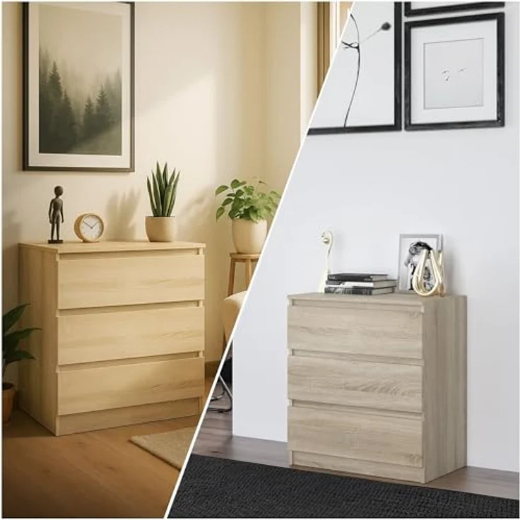CDF Kommode mit Schublade Eiche Sonoma Schrank Schubladenschrank 3 Schubladen Malm Kommode viel Stauraum Geeignet für Wohnzimmer Schlafzimmer Komodenschrank Organizer Kleidung 40T x 70B x 75H cm – Bild 9