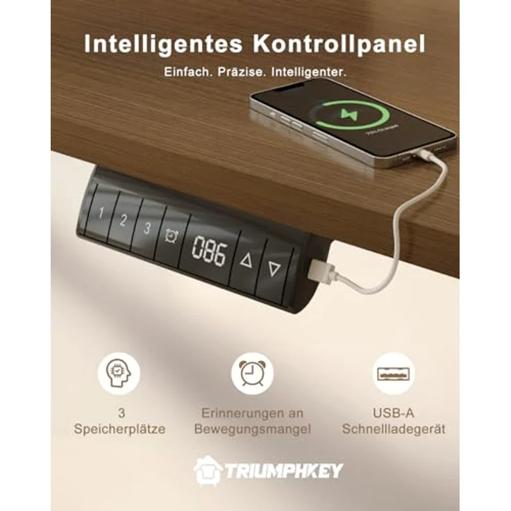 TRIUMPHKEY Höhenverstellbarer Schreibtisch 140x70, 18mm Tischplatte & USB-A | Schreibtisch Höhenverstellbar mit 3 Memory-Steuerung,Sitz‑Erinnerung & Kabelmanagement, Computertisch,Standing Desk,Walnuss – Bild 3