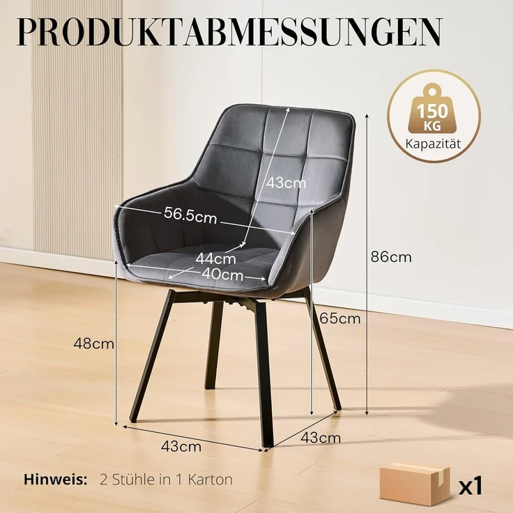Esszimmerstuhl Drehbar Armlehne Polsterstuhl 2er Set Samt Dunkelgrau – Bild 3