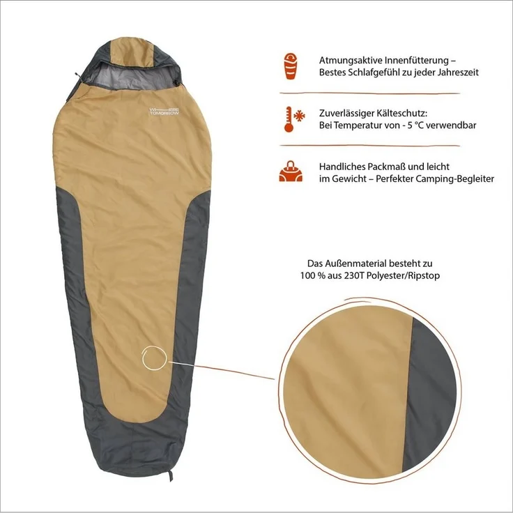 Lumaland Mumienschlafsack Where Tomorrow Camping Schlafsack Small & Light, mit Tasche - 220 x 80 x 50 cm wasserabweisend Konturkapuze Wärmekragen – Bild 3