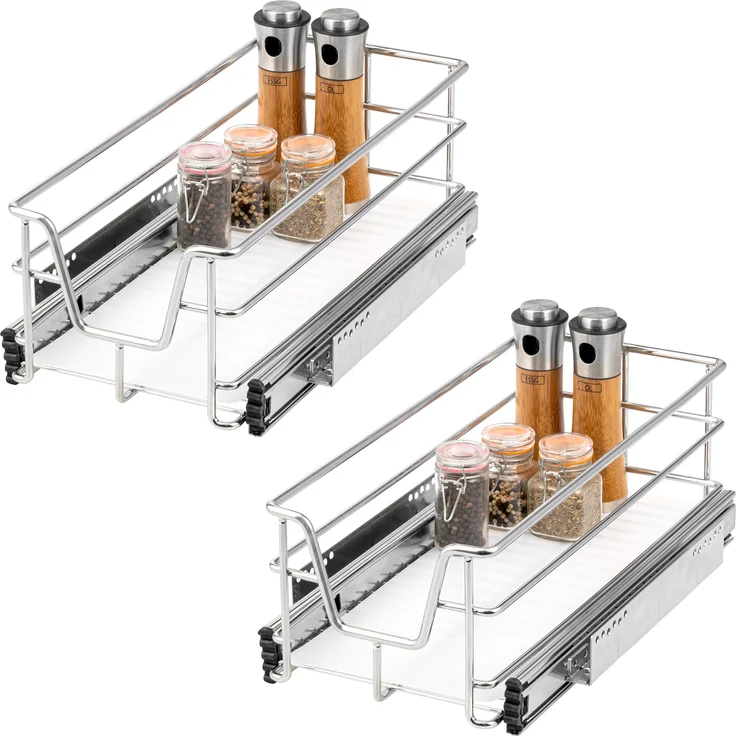 Teleskopschubladen 2er Set - für 30 cm Schrank mit Einlegeboden, aus Metall, (Chrom) – Bild 1