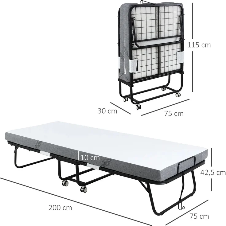 Wohnora-Gästebett Klappbett mit Rollen, Stahl+Schaumstoff, Weiß+Schwarz, 200x75x42,5cm,Weiß – Bild 2