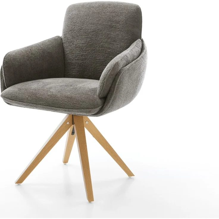 Drehstuhl Luan-Flex mit Armlehnen Bouclé Soft Schlamm Holzgestell kantig Natur 360° drehbar – Bild 1