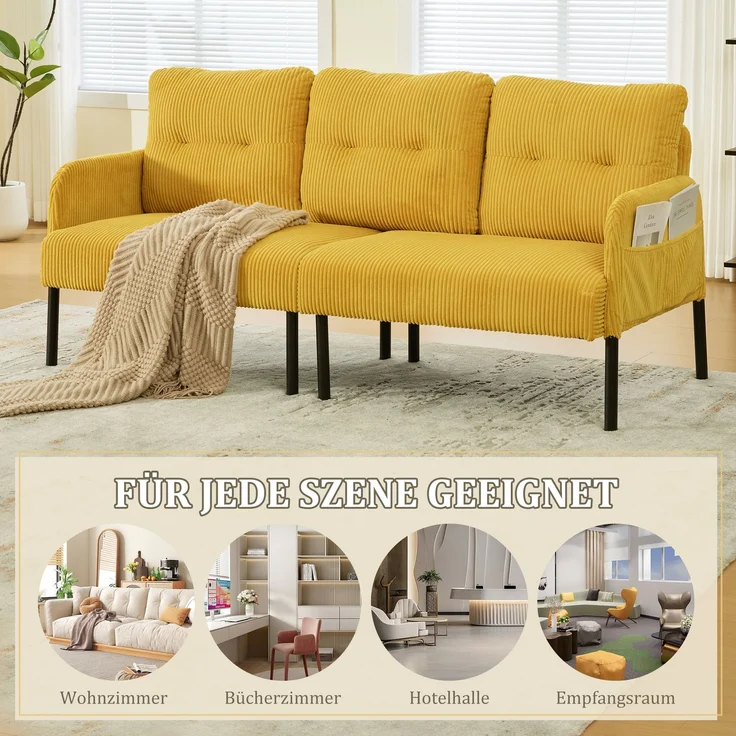 LVHOM 3-Sitzer Sofa mit Metallsockel, Polstersofa mit Seitentaschen, Loungesofa aus Cordstoff, Ergonomisches Stoffsofa, 171x72x80cm – Bild 7
