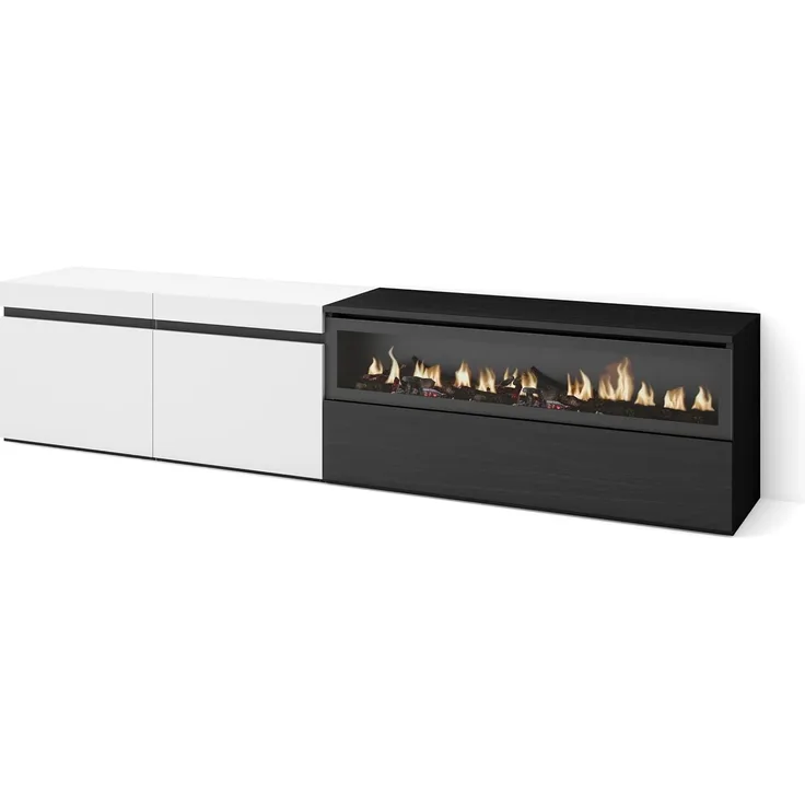 Skraut Home | TV-Schrank, Lowboard | für Wohnzimmer und Esszimmer | 200 x 45 x 35 cm | Für TV-Geräte bis zu 80" | Elektrokamin. Maße | Moderner Stil | Weiß und Schwarz