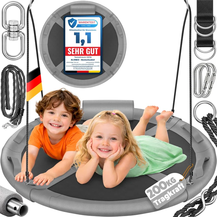 ELONEO Nestschaukel Outdoor & Indoor mit 90 oder 120 cm Durchmesser, Tellerschaukel, höhenverstellbare Hängeschaukel inkl. Kissen, Griffen und Zubehör-Set, Grau - 90cm – Bild 1