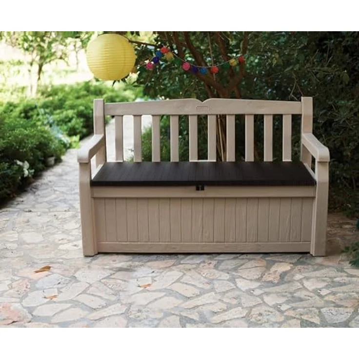 Keter Sitzbank Eden für Balkon und Garten, Gartenbank mit integrierter Kissenbox mit 265 l Stauraum, 140 x 60 x 84 cm, wetterfest, pflegeleicht, beige, Outdoor, Holzoptik – Bild 8