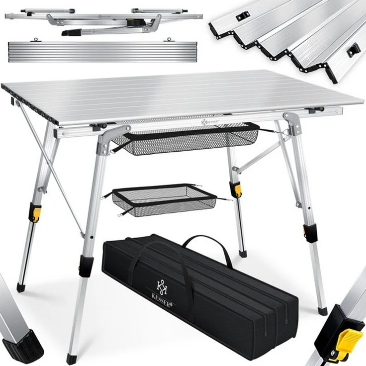KESSER® Campingtisch faltbar Klapptisch mit Aluminiumrahmen Aufrollbare Tischplatte Falttisch klappbar höhenverstellbar inkl. Tragetasche mit Trageband & Netztasche Silber – Bild 4