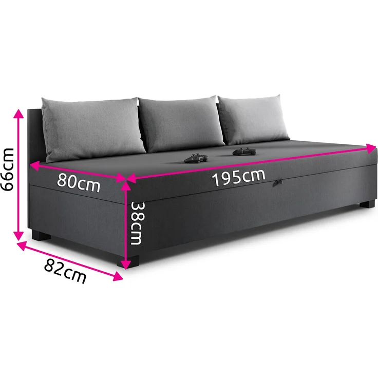 Schlafsofa Misti III - Einzelbett mit Kissen, Sofa mit Bettkasten, Bettsofa, Farbauswahl, Bettgestell, Komfortbett, Bett für Jugendzimmer, Schlafmöbel (Graphit + Blau (Lux 06 + Lux 20)) – Bild 5