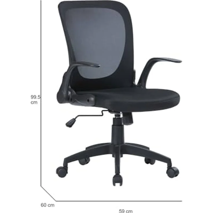 Dmora - Stuhl mit Rädern Wellington, Executive-Netzsessel mit Armlehnen, ergonomischer Sitz mit klappbaren Armlehnen, 60x59h86/96 cm, Schwarz – Bild 4