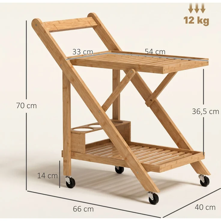 Küchenwagen auf Rädern, Servierwagen mit 3 Weinregalen, 2 Tabletts, für Küche, Esszimmer, Bambusholz, Hellbraun--Naturholz--70x40x66cm--YOUDENOVA – Bild 5