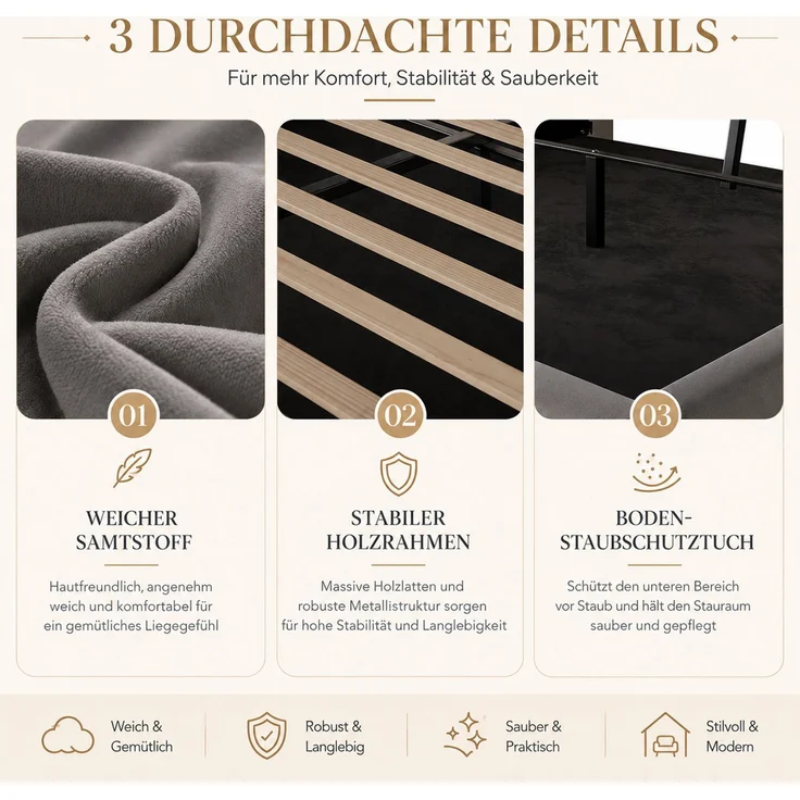 TavilaEcon Boxspringbett Samtbett, Polsterbett mit LED-Beleuchtung & USB-Ladefunktion grau Liegefläche 160 × 200 cm – Bild 7
