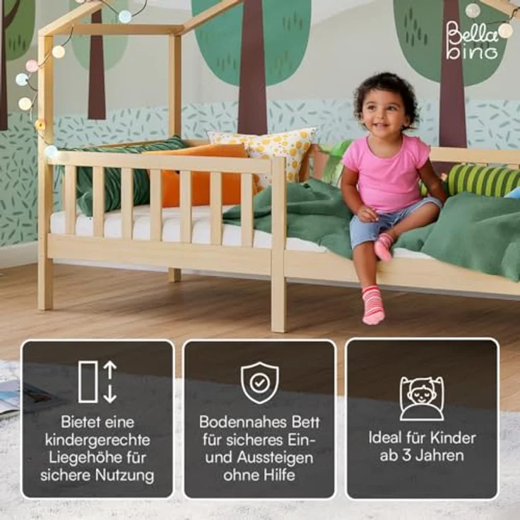 Bellabino Bia Kinderbett 90x200 cm – Hausbett mit Matratze, Rausfallschutz & Lattenrost – Montessori Bodenbett aus Massivholz Kiefer – Kinder Bett in Natur für Jungen und Mädchen – Bild 4