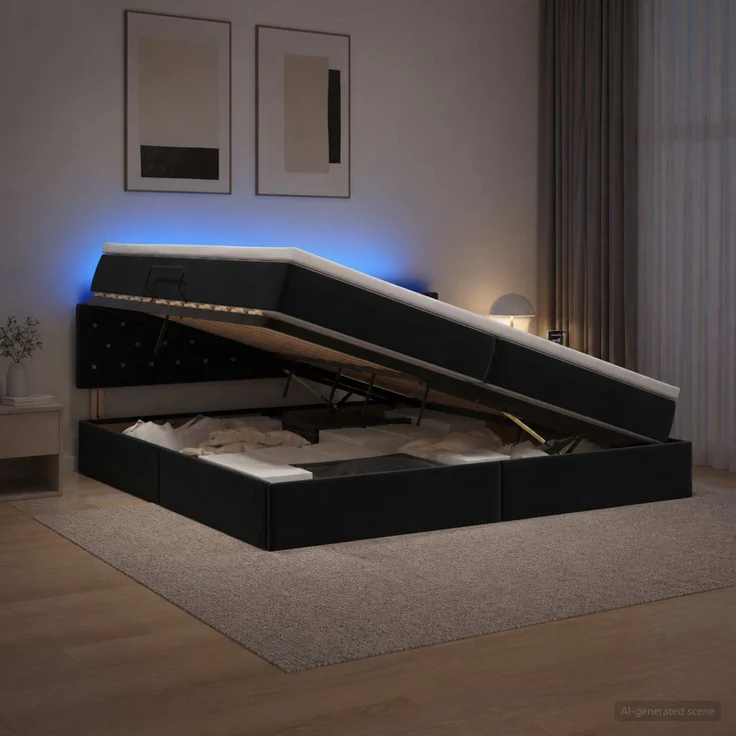 vidaXL LED-Speicherbett mit Matratze Schwarz 200x200 cm Samt 3459212 – Bild 1