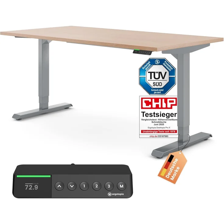 Desktopia Pro X - Elektrisch höhenverstellbarer Schreibtisch / Ergonomischer Tisch mit Memory-Funktion, Buche, Gestell Grau, 180x80 cm – Bild 1