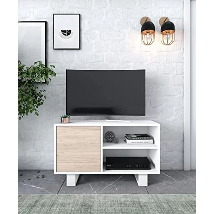 Skraut Home Möbelset Wind| Wohnzimmer/Esszimmer-Set | bestehend aus 1 TV100 und 1 Couchtisch | Weiß/Eiche | Füße weiß – Bild 2