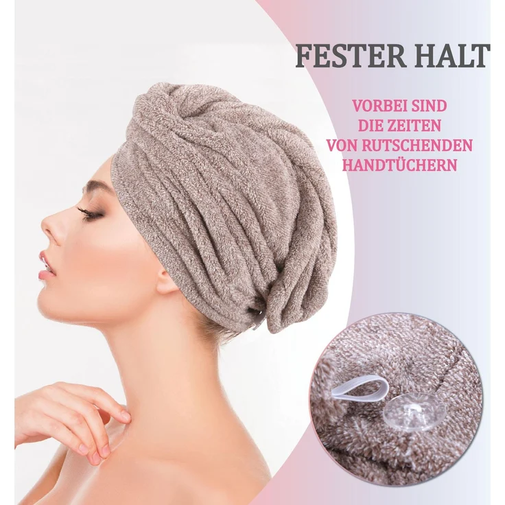 Haarturban ( Braun ) Cozy mit Knopf - 25x65cm ( One SIze ) Superweich Flauschig - Saugstark, Handtuch Haare Turban Haarhandtuch Schnelltrocknend – Bild 6