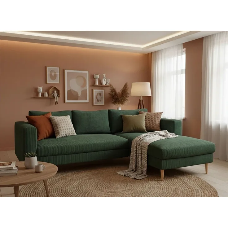 TRENDMANUFAKTUR Ecksofa Amazing, wahlw. mit Schlaffunktion & Bettkasten, Fuß Buche lackiert, Recamiere beidseitig montierbar, L-Form,in Cord o. Struktur, B: 232 cm