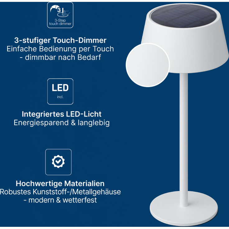 Brilliant Picco Solar Tischlampe Outdoor 30cm Weiß - LED Außentischleuchte mit USB & Akku, Dimmbar in 3 Stufen, IP44 Wassergeschützt – Bild 3