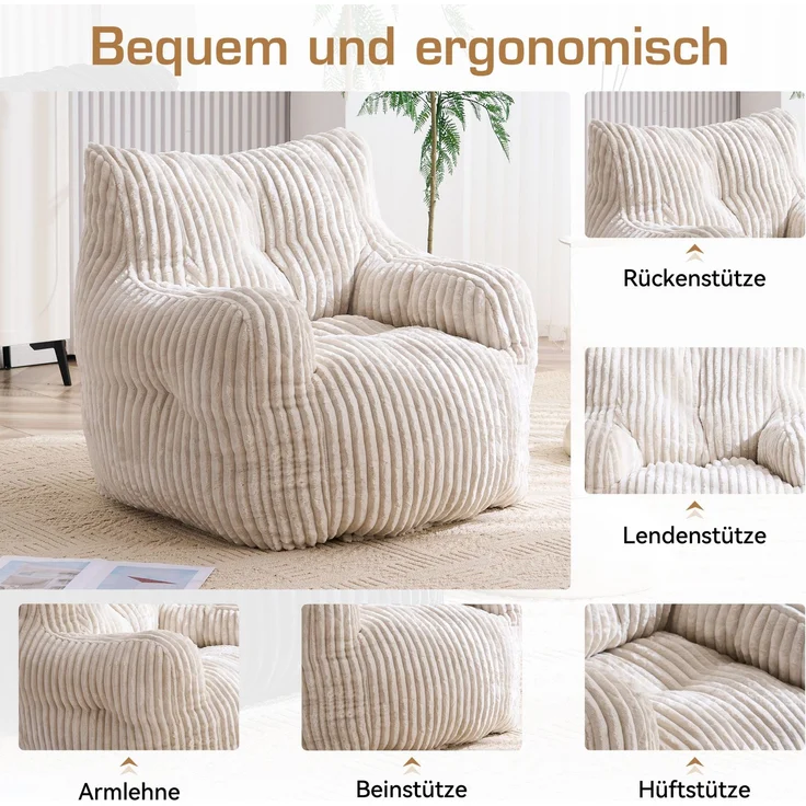 DESVIAE Sitzsack gepolstert 94x70x100 cm aus Cord, Beige, mit Memory-Schaumstoff-Füllung – Bild 4