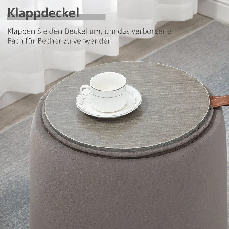Hocker 44x44x47,5 cm in Dunkelgrau, Samtoptik mit Stauraum und Wendedeckel – Bild 3