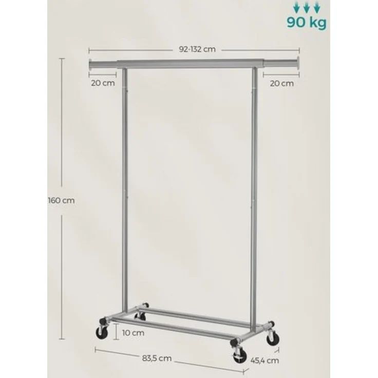 Songmics Kleiderständer auf Rollen, Garderobenständer, ausziehbare Kleiderstange, bis 90 kg belastbar, einfache Montage, transportabel, taubengrau – Bild 5