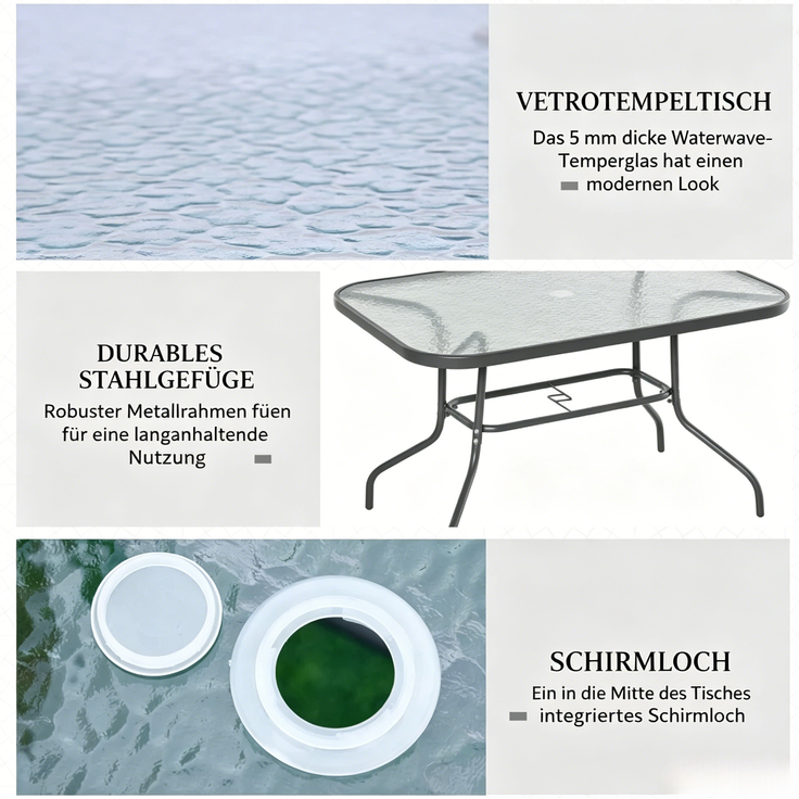 Esstisch 120x80x70 cm, rechteckig, mit Schirmloch, Metallgestell und gehärtetem Glas – Bild 7