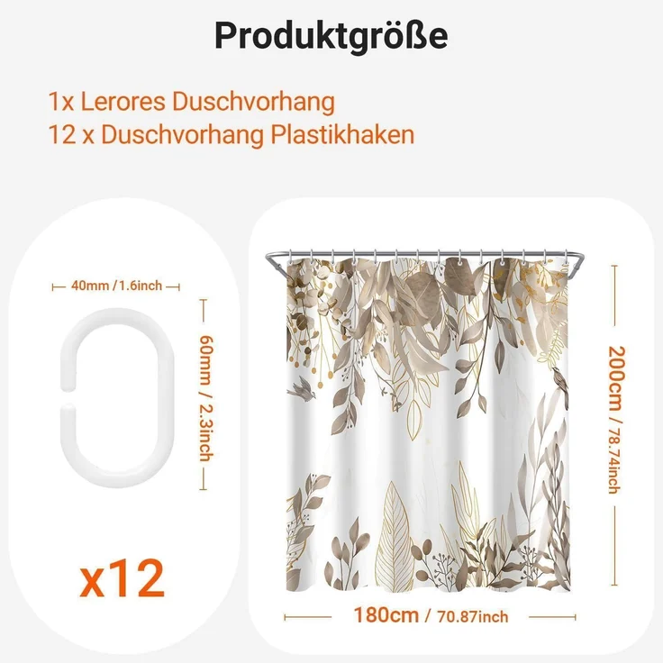 Duschvorhang 180x200cm Grau Herbstblätter Wasserabweisend Polyester Ösen 12 – Bild 2