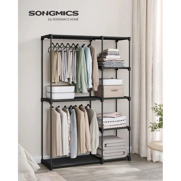 SONGMICS Kleiderschrank offen, freistehende Garderobe, Standregal, Kleiderständer mit Kleiderstangen, Garderobenständer, Ankleidezimmer, Schlafzimmer, 43 x 124 x 182 cm, schwarz RYGDE026B02 – Bild 1