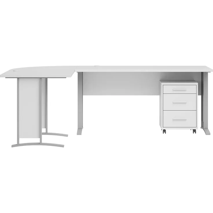 Winkelschreibtisch, Eckschreibtisch Büro OFFICE LINE in weiß mit Rollcontainer