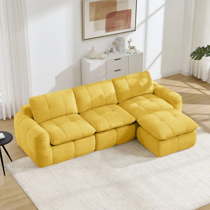 EINHOM 3‑sitziges L‑förmiges rahmenloses Modulsofa, hautfreundlicher weicher Chenille‑Bezug, 32D‑Hochdichtschaum‑Füllung, montagefrei mit 1 Ottoman für Wohnzimmer & Apartments, Gelb – Bild 3