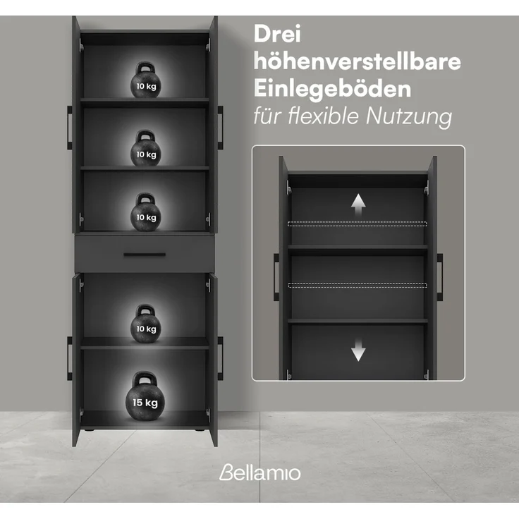 Bellamio 'Apol' Mehrzweckschrank, schwarz, 176x33x60 cm, Aktenschrank mit Schublade und 5 Ablagefächern – Bild 6