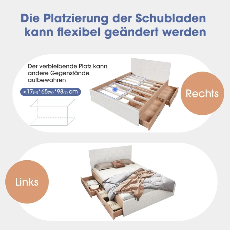 Holzbett 160x200 cm mit Lattenrost, 2 Schubladen & Matratze, 207x165x80 cm, Weiß/Eiche – Bild 6