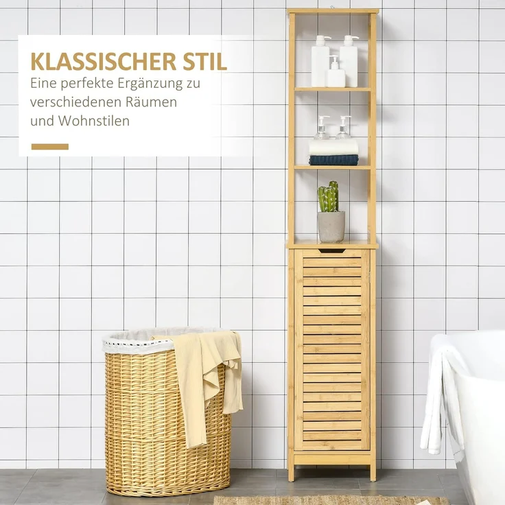 Kleankin Badkommode Badschrank mit 3 offenen Fächer und 1 Schrank (Badmöbel, 1 St, Badezimmerschrank), Natur 34 x 30 x 173 cm – Bild 4