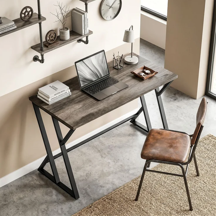 MELAYR, Schreibtisch Computertisch 120x60cm Bürotisch mit Z-förmigem Metallfuß, Holzoptik, Grau – Bild 3