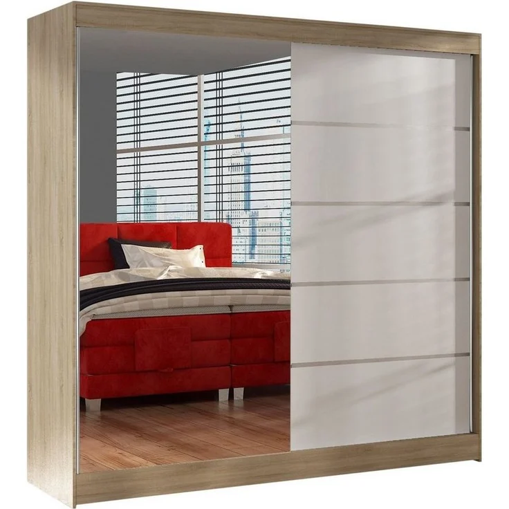 Schwebetürenschrank Basti III 200 cm mit Spiegel - Kleiderschrank, Schiebetürenschrank mit Kleiderstange und Einlegeboden, Schlafzimmerschrank, Schiebetüren, 200x215x58 cm (Sonoma/Weiß) – Bild 5