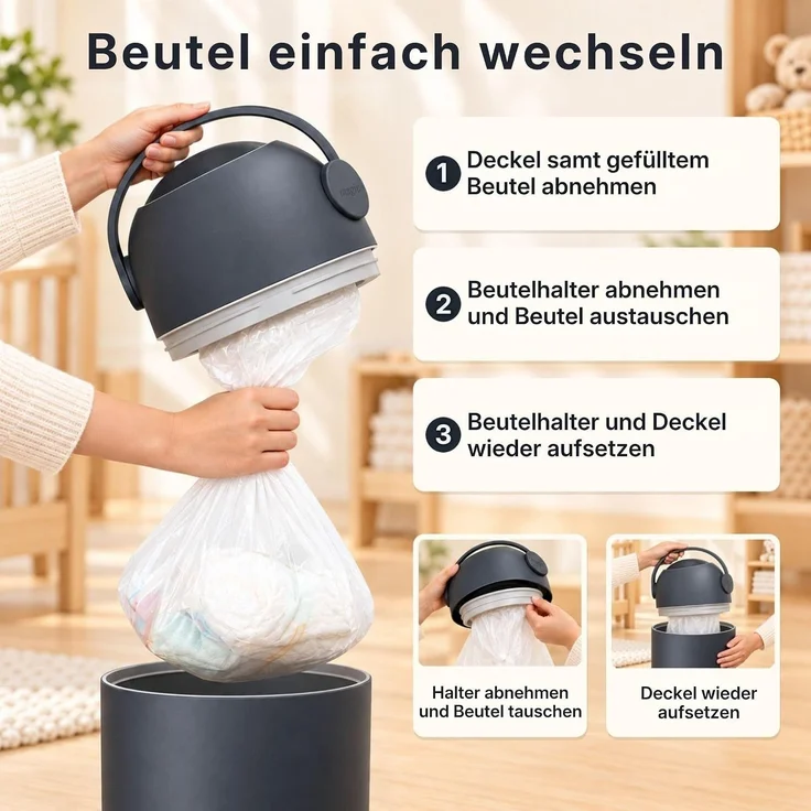 Set Magic Windeleimer, Abfalleimer mit Geruchsstopp, ohne Kassette + Windel | Hygienischer Mülleimer Geruchsdicht für Windeln ohne Kassette, Hygieneeimer für Windelentsorgung, Bad, Kinderzimmer, Küche – Bild 7